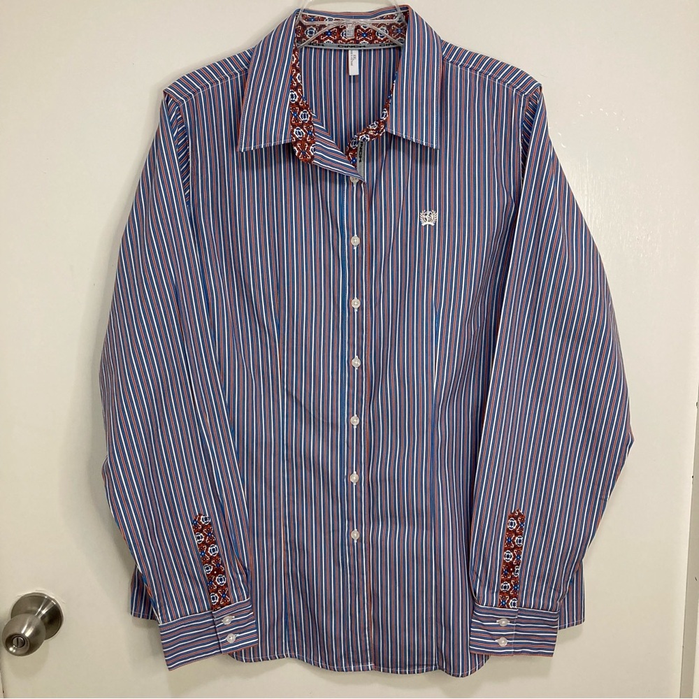 Cinch Long Sleeve Button Up Shirt, Blue and Orange Striped XXL